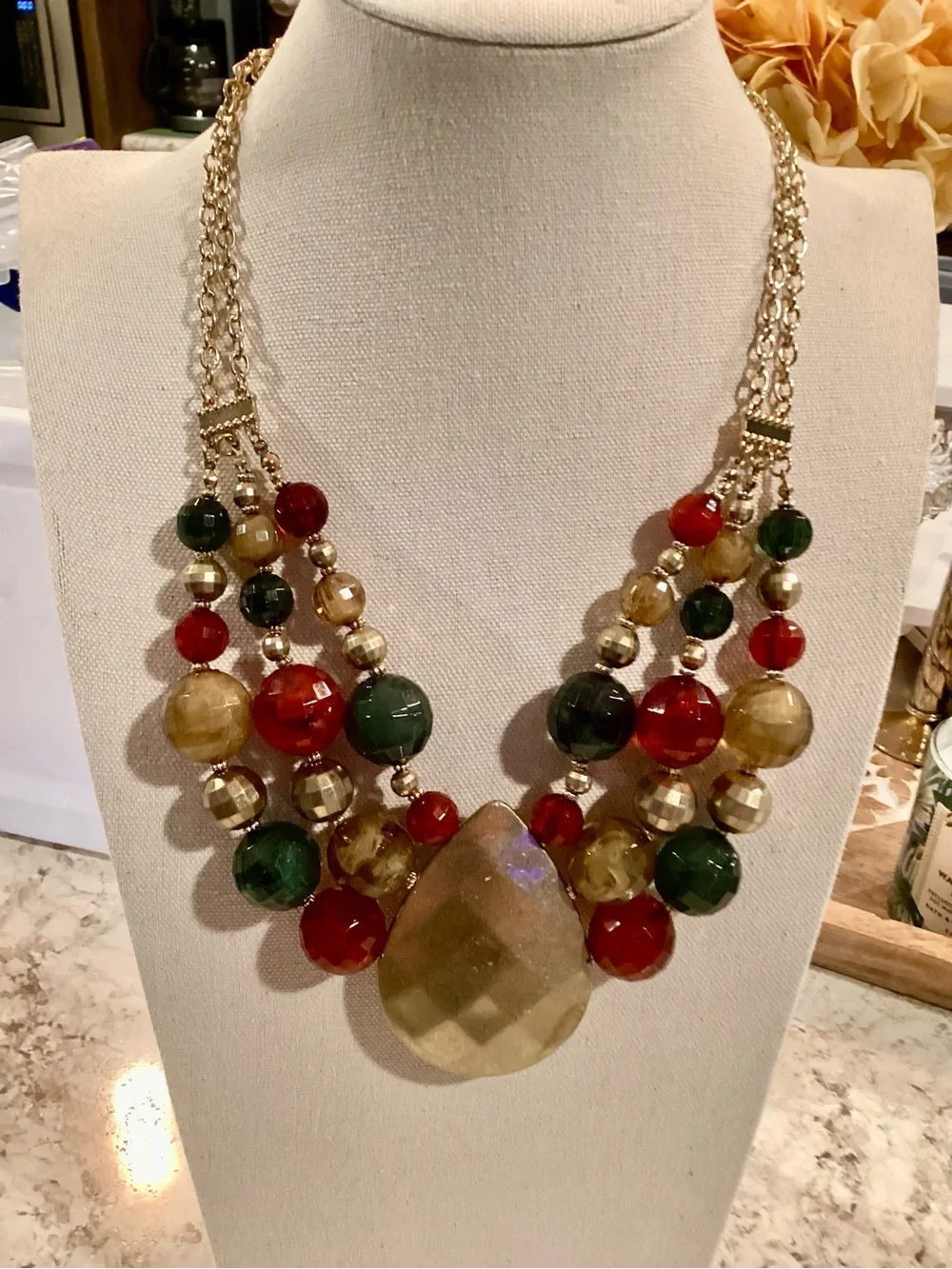 Multi-Strand Faceted Acrylic Drop Necklace in Red, Green & Gold